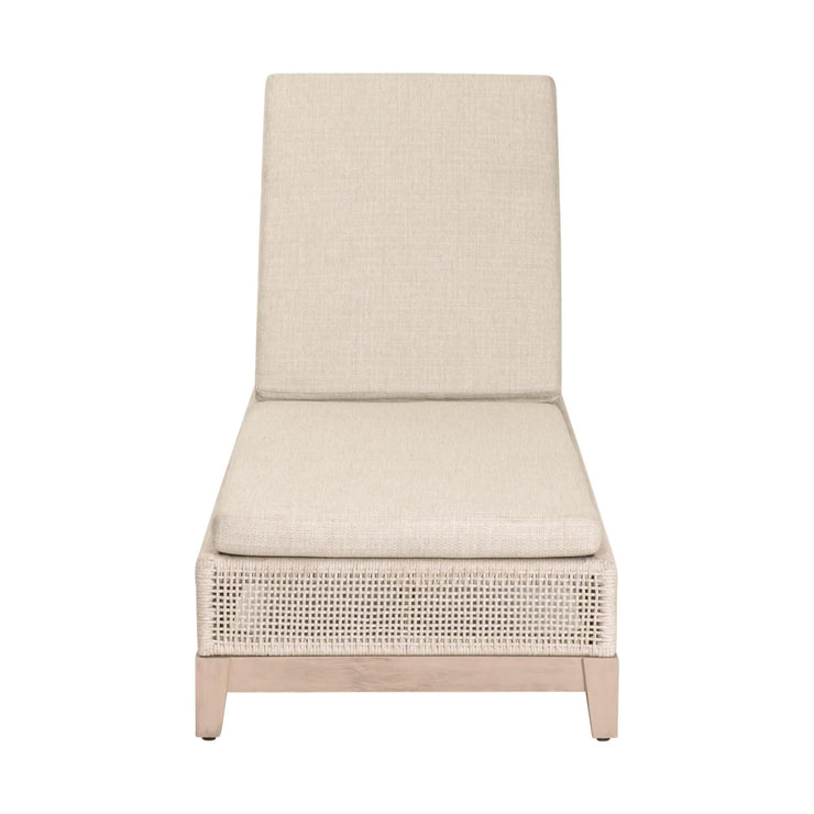 Essentials For Living Tropez Outdoor Chaise Lounge ~ Oat Flat Rope, Performance Ecru Weave, Washed Ever Teak