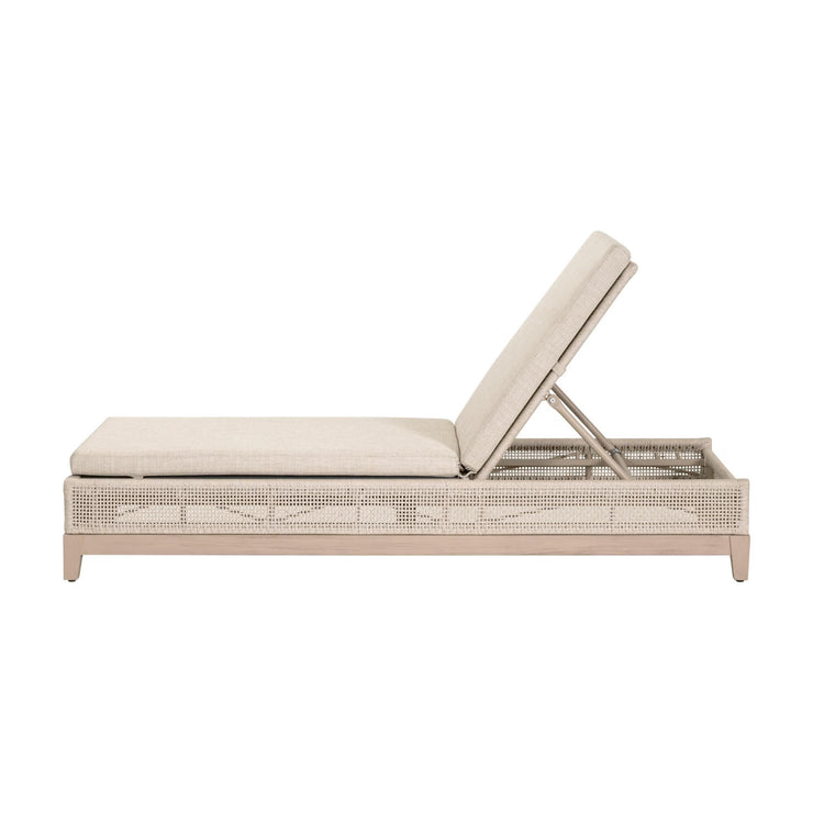 Essentials For Living Tropez Outdoor Chaise Lounge ~ Oat Flat Rope, Performance Ecru Weave, Washed Ever Teak