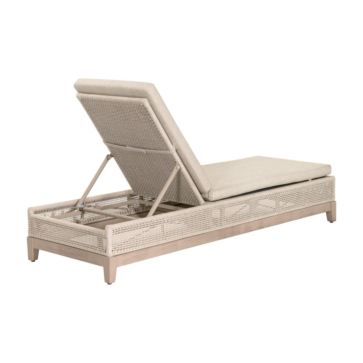 Essentials For Living Tropez Outdoor Chaise Lounge ~ Oat Flat Rope, Performance Ecru Weave, Washed Ever Teak