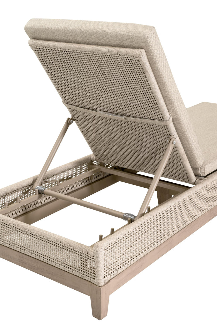 Essentials For Living Tropez Outdoor Chaise Lounge ~ Oat Flat Rope, Performance Ecru Weave, Washed Ever Teak