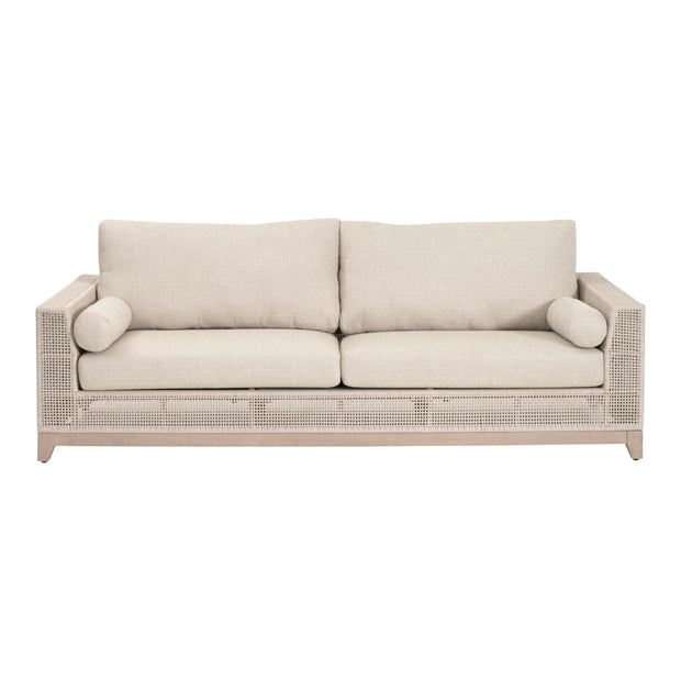 Essentials For Living Tropez Outdoor 90” Sofa ~ Oat Flat Rope, Performance Ecru Weave, Washed Ever Teak