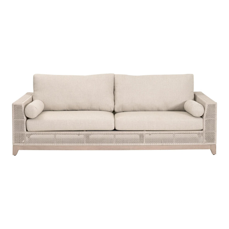 Essentials For Living Tropez Outdoor 90” Sofa ~ Oat Flat Rope, Performance Ecru Weave, Washed Ever Teak