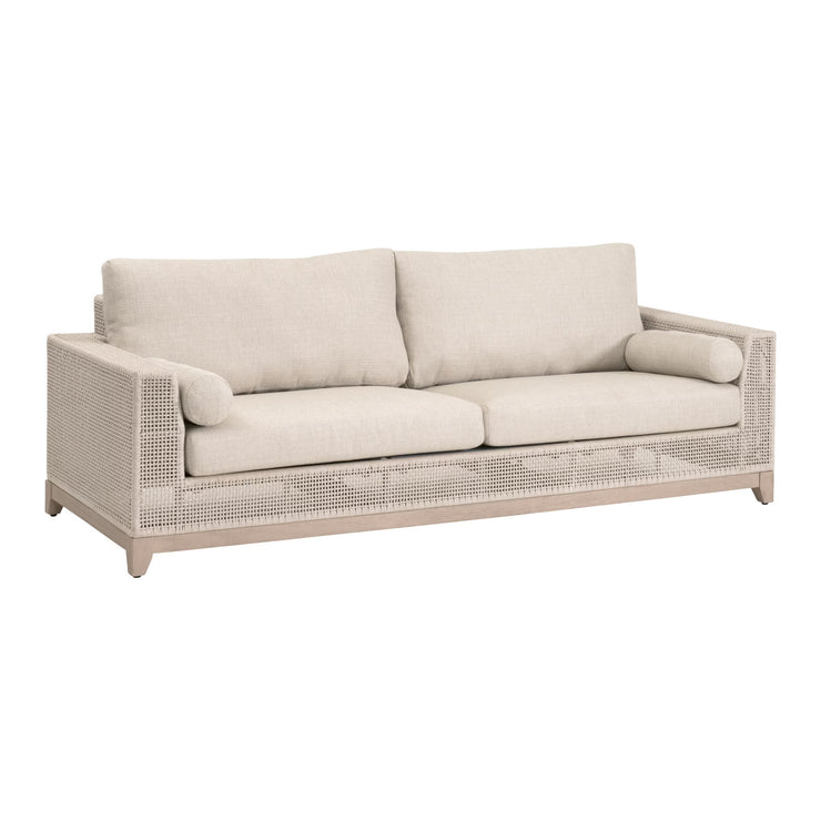 Essentials For Living Tropez Outdoor 90” Sofa ~ Oat Flat Rope, Performance Ecru Weave, Washed Ever Teak