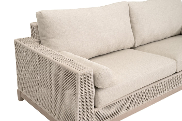 Essentials For Living Tropez Outdoor 90” Sofa ~ Oat Flat Rope, Performance Ecru Weave, Washed Ever Teak