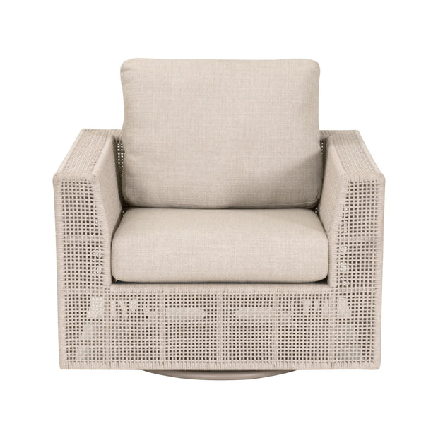 Essentials For Living Tropez Outdoor Swivel Rocker Sofa Chair ~ Oat Flat Rope, Performance Ecru Weave, Washed Ever Teak