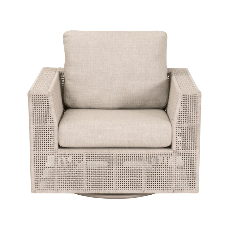 Essentials For Living Tropez Outdoor Swivel Rocker Sofa Chair ~ Oat Flat Rope, Performance Ecru Weave, Washed Ever Teak