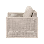 Essentials For Living Tropez Outdoor Swivel Rocker Sofa Chair ~ Oat Flat Rope, Performance Ecru Weave, Washed Ever Teak