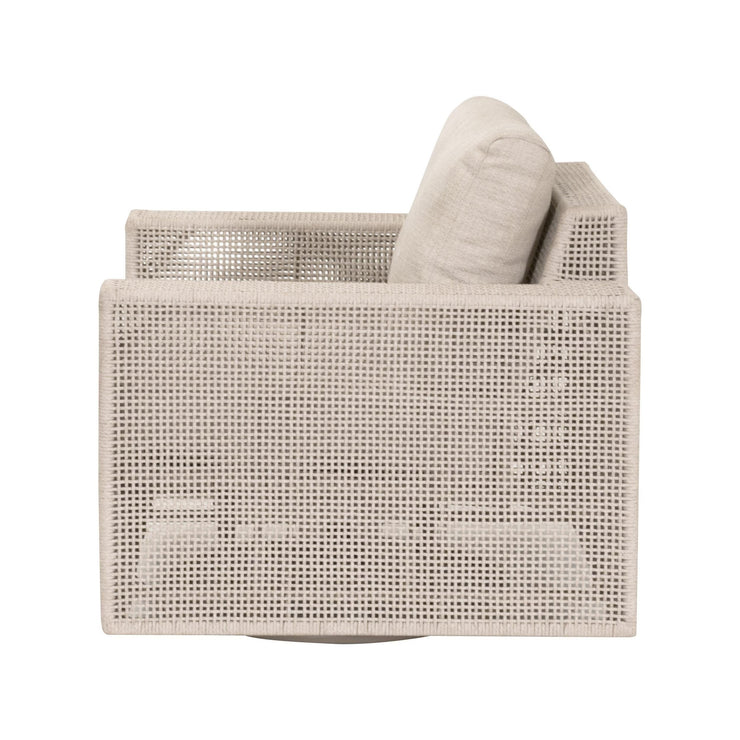 Essentials For Living Tropez Outdoor Swivel Rocker Sofa Chair ~ Oat Flat Rope, Performance Ecru Weave, Washed Ever Teak