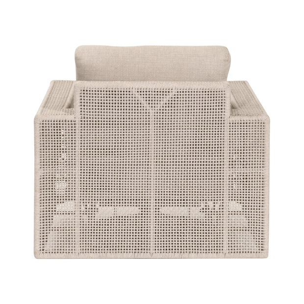 Essentials For Living Tropez Outdoor Swivel Rocker Sofa Chair ~ Oat Flat Rope, Performance Ecru Weave, Washed Ever Teak