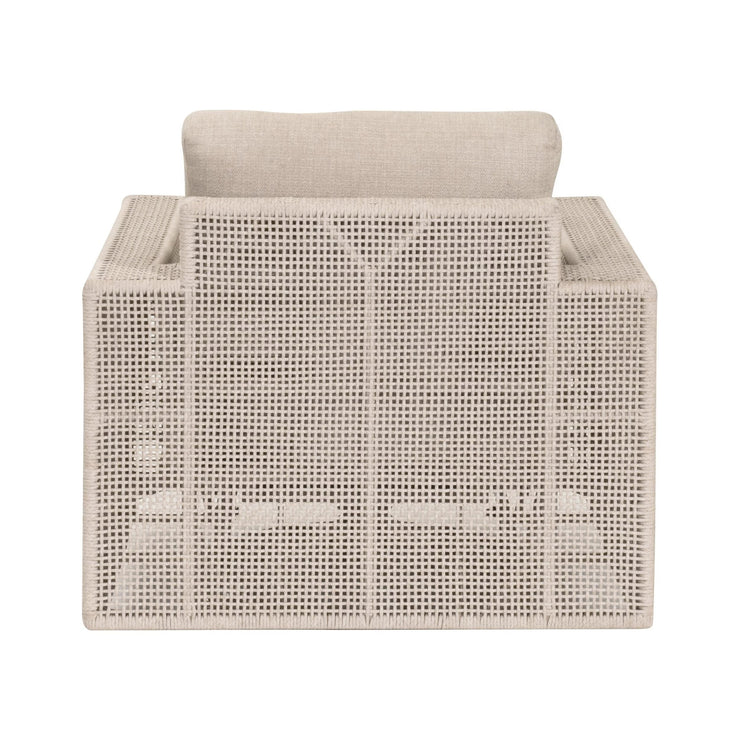 Essentials For Living Tropez Outdoor Swivel Rocker Sofa Chair ~ Oat Flat Rope, Performance Ecru Weave, Washed Ever Teak