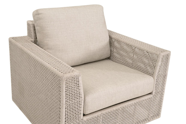 Essentials For Living Tropez Outdoor Swivel Rocker Sofa Chair ~ Oat Flat Rope, Performance Ecru Weave, Washed Ever Teak