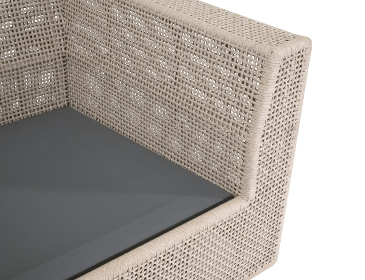 Essentials For Living Tropez Outdoor Swivel Rocker Sofa Chair ~ Oat Flat Rope, Performance Ecru Weave, Washed Ever Teak