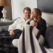 Kashwere Ultra Plush Midnight Grey, Bone and Mink Heritage Striped Throw Blanket