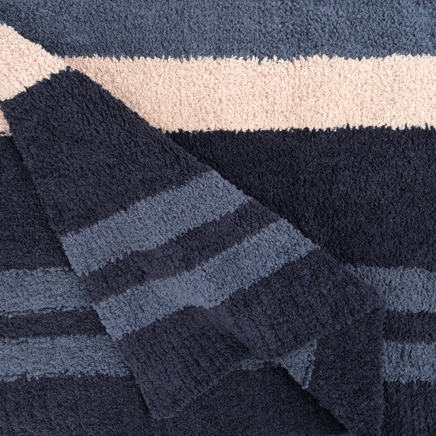 Kashwere Ultra Plush Dark Navy, Vintage Blue and Wheat Multi Striped Throw Blanket
