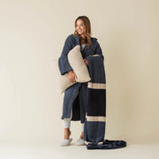 Kashwere Ultra Plush Dark Navy, Vintage Blue and Wheat Multi Striped Throw Blanket