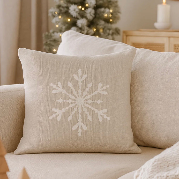 Anaya Home Winter Snowflake Embroidered Linen 20 x 20 Pillow ~ Warm Beige