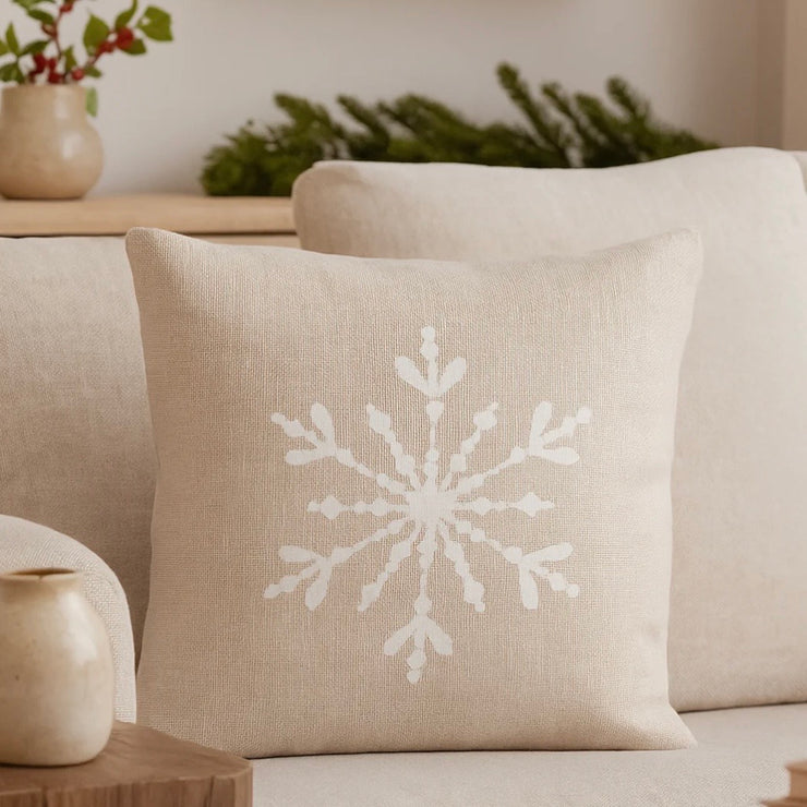 Anaya Home Winter Snowflake Embroidered Linen 20 x 20 Pillow ~ Warm Beige
