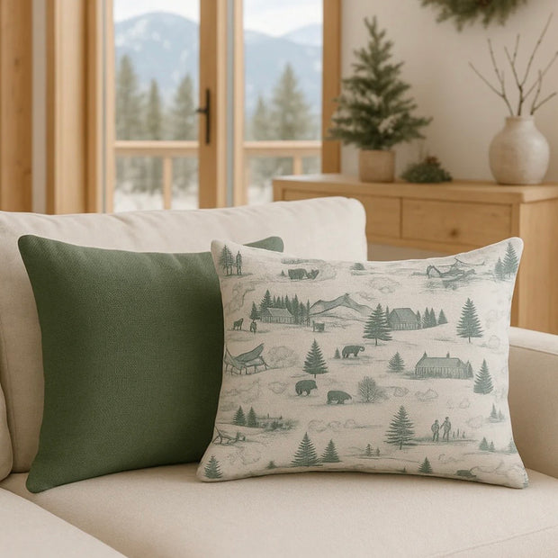 Anaya Home Christmas Toile Linen 20 x 20 Pillow ~ Spruce Green