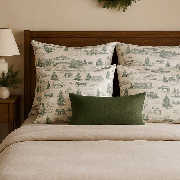 Anaya Home Christmas Toile Linen 28 x 26 Pillow ~ Spruce Green