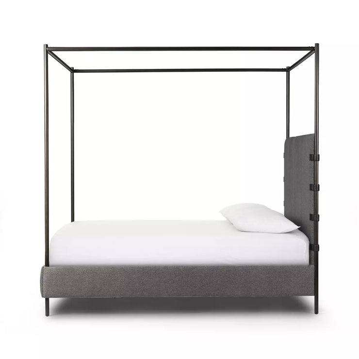 Four Hands Anderson Iron Canopy Bed ~ San Remo Ash Upholstered Queen Size Bed
