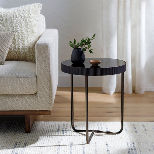 Surya Melton Modern Black Glass & Metallic Nickel Base Round Side Table