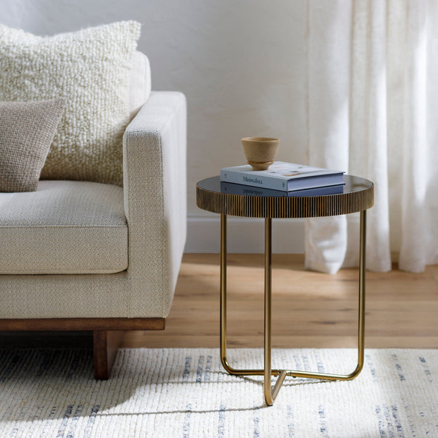 Surya Melton Modern Black Glass & Metallic Brass Base Round Side Table