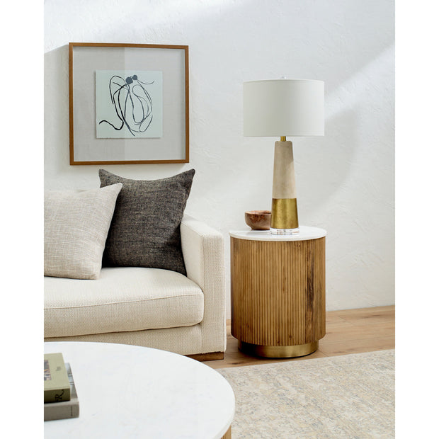 Surya Nems Modern White Marble Top with  Natural Mango Wood Round Side Table