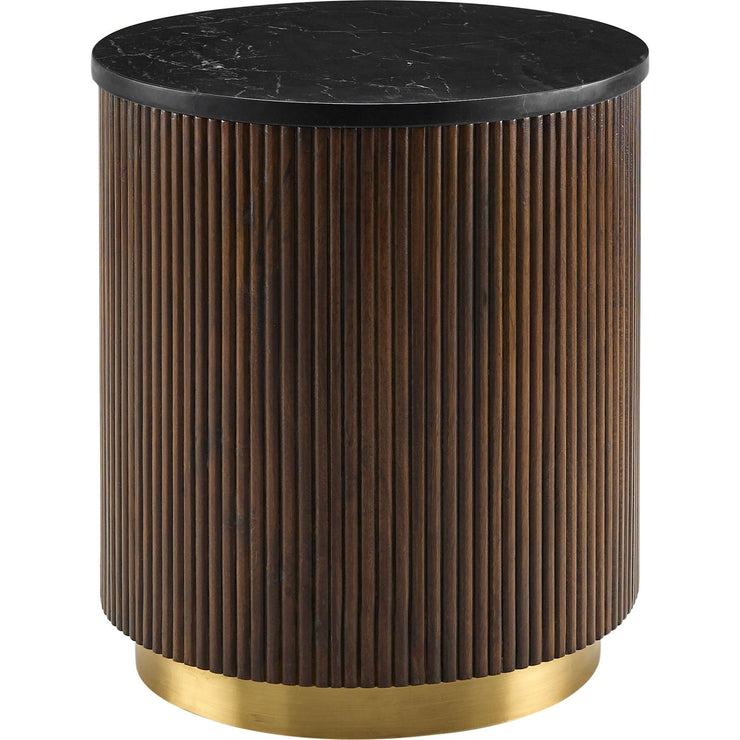 Surya Nems Modern Black Marble Top with Dark Brown Mango Wood Round Side Table