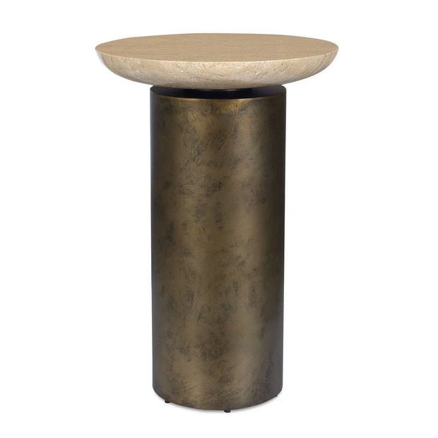 Uttermost Oslo Travertine and Antiqued Brass Finished Iron Accent Table ~ Indoor And Outdoor Use