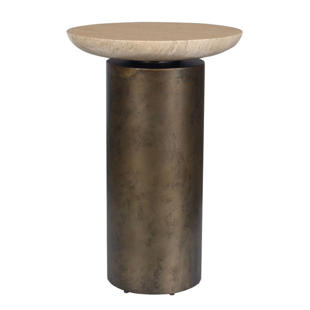 Uttermost Oslo Travertine and Antiqued Brass Finished Iron Accent Table ~ Indoor And Outdoor Use