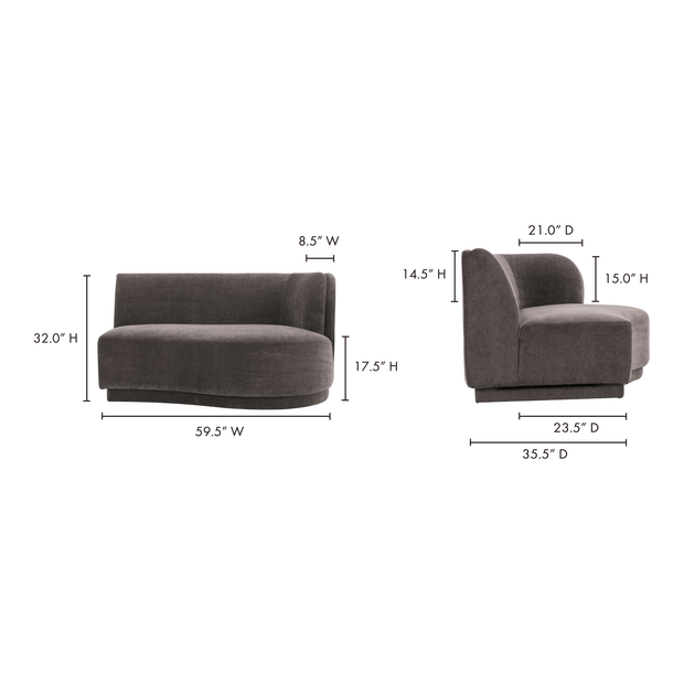 Moe's Home Collection Yoon Grey 2 Seat Sofa Right-Facing