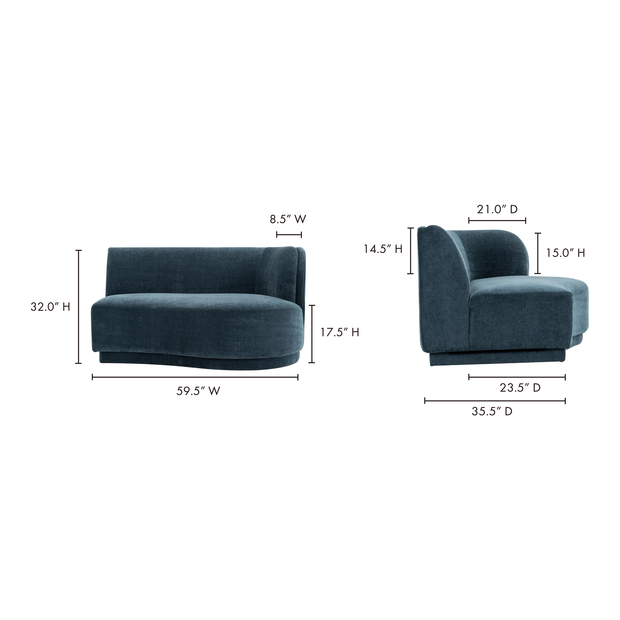 Moe's Home Collection Yoon Blue 2 Seat Sofa Right Nightshade