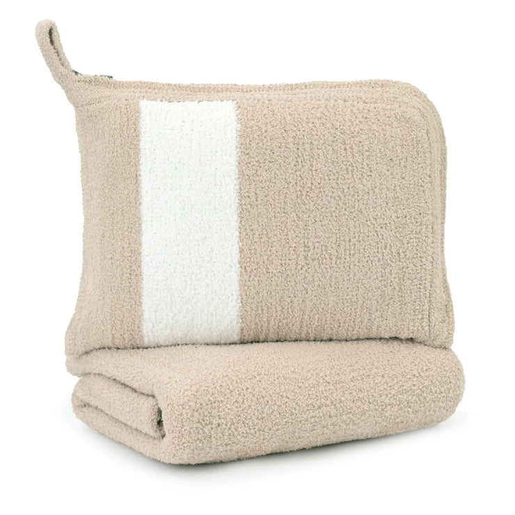 Kashwere Ultra Plush Wheat and Creme Stripe Travel Blanket With Pouch