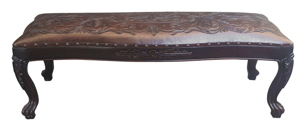 Casa Bonita Peruvian Hand-Painted Carved Wood and Leather Leon Bench