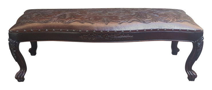 Casa Bonita Peruvian Hand-Painted Carved Wood and Leather Leon Bench