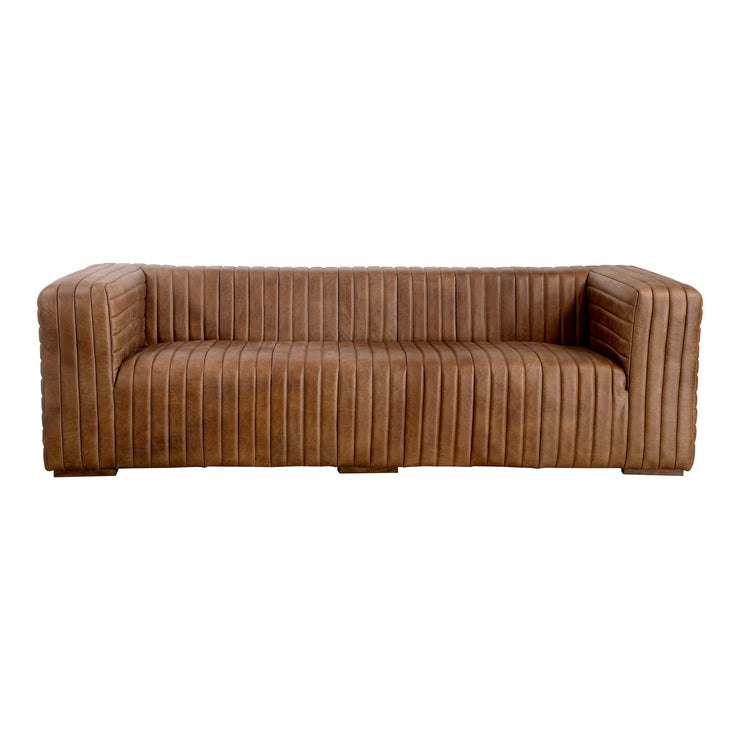 Moe's Home Collection Castle Channel Stitched Brown Leather Sofa