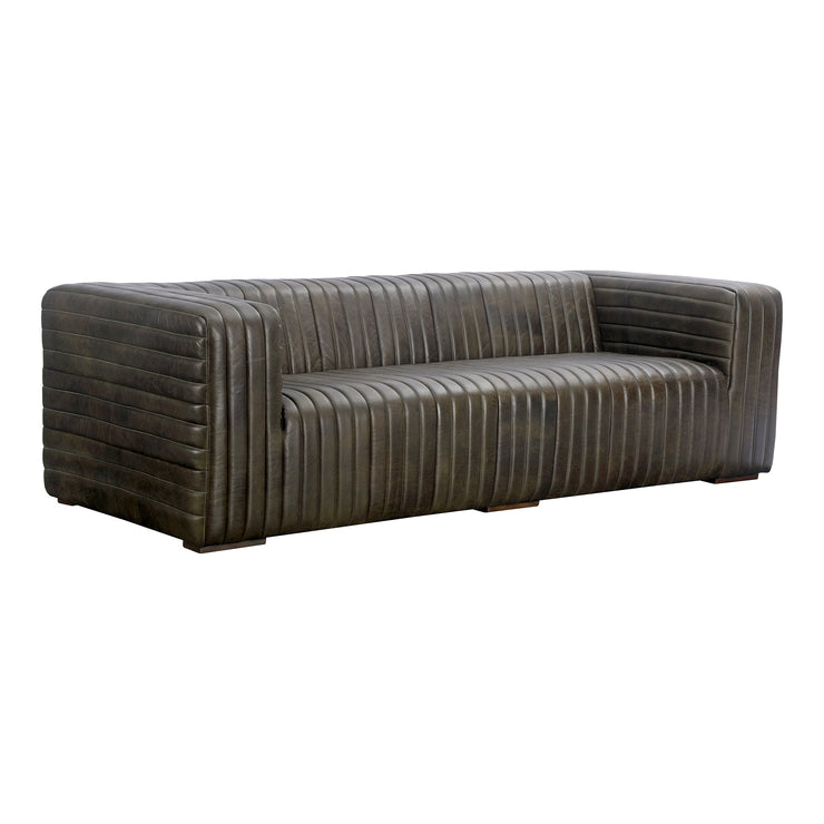 Moe's Home Collection Castle Channel Stiched Green Leather Sofa