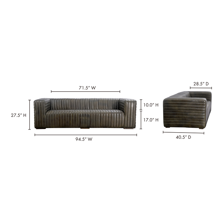 Moe's Home Collection Castle Channel Stiched Green Leather Sofa
