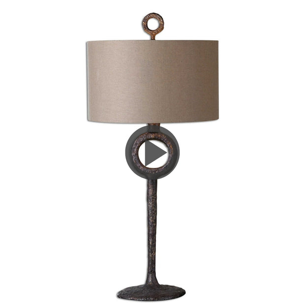 Uttermost Ferro Aged Rust Bronze Iron Table Lamp With Beige Linen Shade