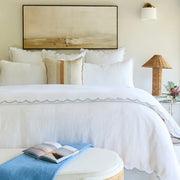 Pom Pom at Home Kelly White and French Blue Linen Scalloped Duvet Cover & Pillow Shams ~ Available in Queen and King Sizes