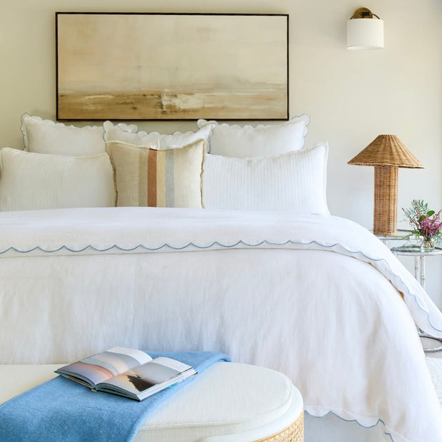 Pom Pom at Home Kelly White and French Blue Linen Scalloped Duvet Cover & Pillow Shams ~ Available in Queen and King Sizes