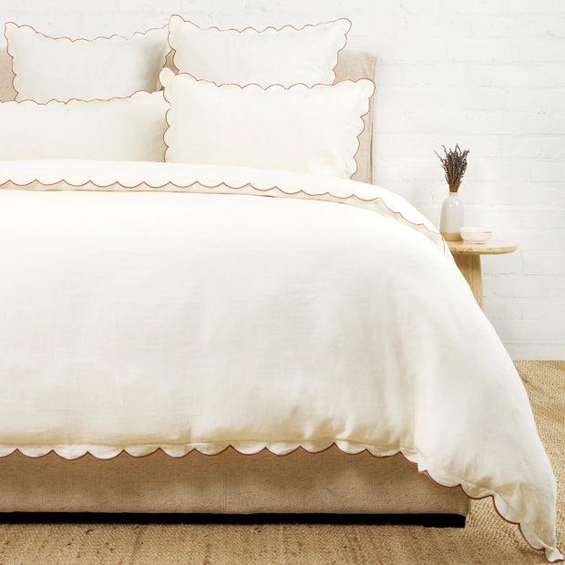 Pom Pom at Home Kelly Cream and Terracotta Linen Scalloped Duvet Cover & Pillow Shams ~ Available in Queen and King Sizes