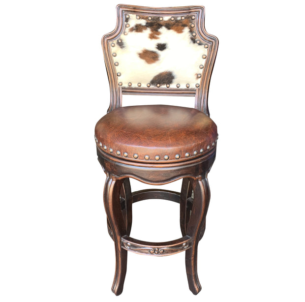 Casa Bonita Peruvian Hand-Painted Carved Wood Cowhide & Leather Rodeo Swivel Counter Stool