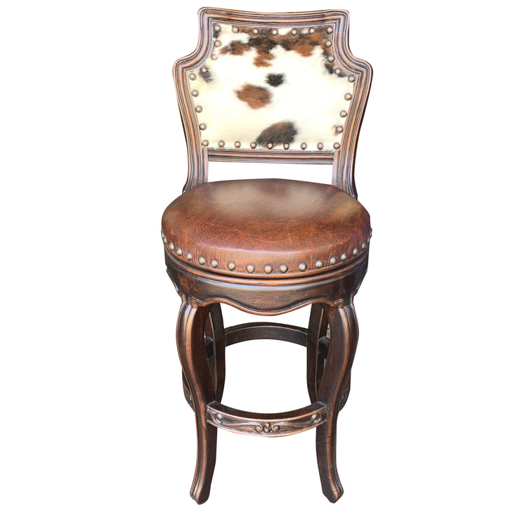 Casa Bonita Peruvian Hand-Painted Carved Wood Cowhide & Leather Rodeo Swivel Counter Stool