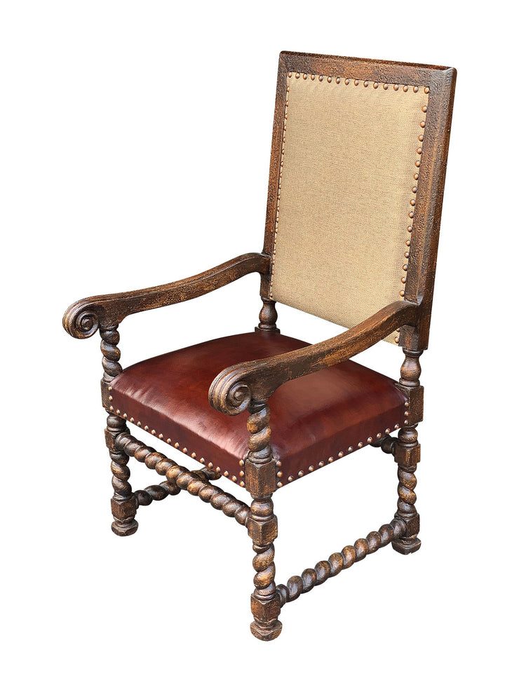 Casa Bonita Peruvian Hand-Painted Carved Wood Fabric and Leather Salamanca Arm Chair