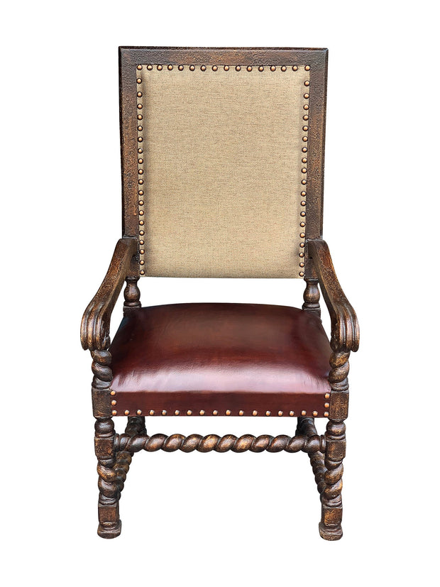 Casa Bonita Peruvian Hand-Painted Carved Wood Fabric and Leather Salamanca Arm Chair