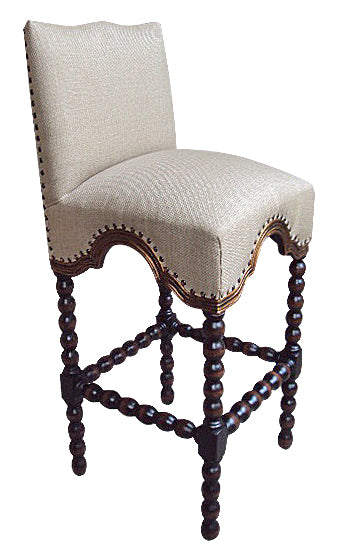 Casa Bonita Peruvian Hand-Painted Carved Wood and Linen Salomon Counter Stool with Back