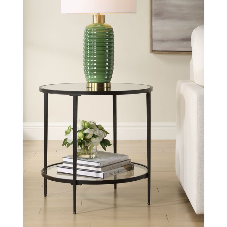 Casa Bella Living Satin Black End Table With Mirrored Glass