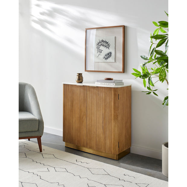 Surya Nems Modern White Marble Top and Natural Mango Wood Cabinet