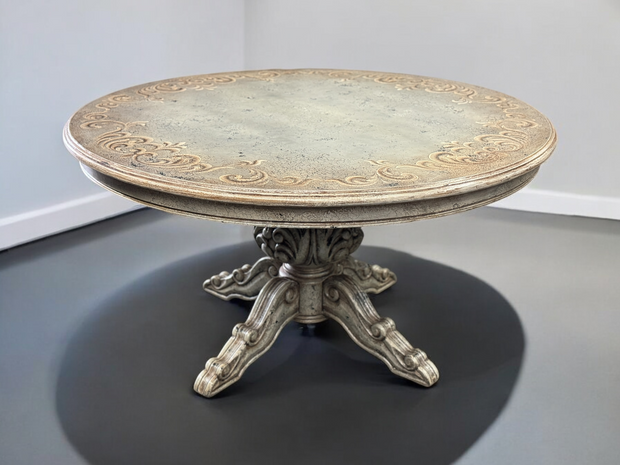 Casa Bonita Peruvian Hand-Painted and Carved Wood 60” Round Torino Dining Table in Rustic Plata